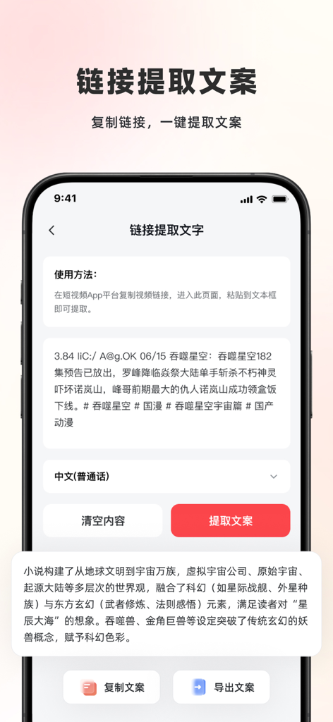 Interface of the Video to Text app showing the tool for extracting script text from a video link with options to copy and export the text.