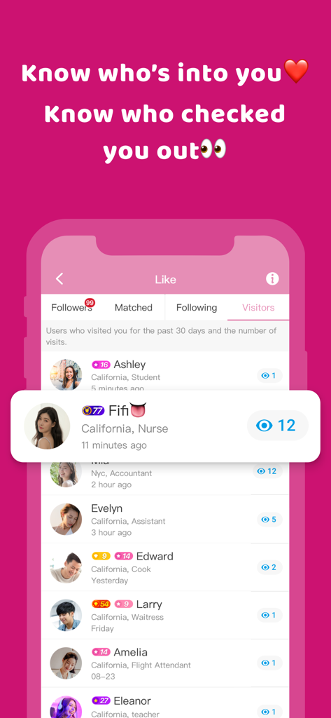 iPair - Chat, Meet New People - iPair app interface showing a list of profile visitors with their name location and profession