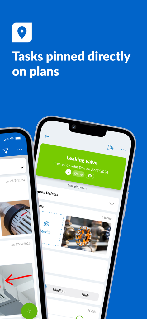 PlanRadar Construction Manager - PlanRadar app interface showing construction tasks pinned directly to digital blueprints