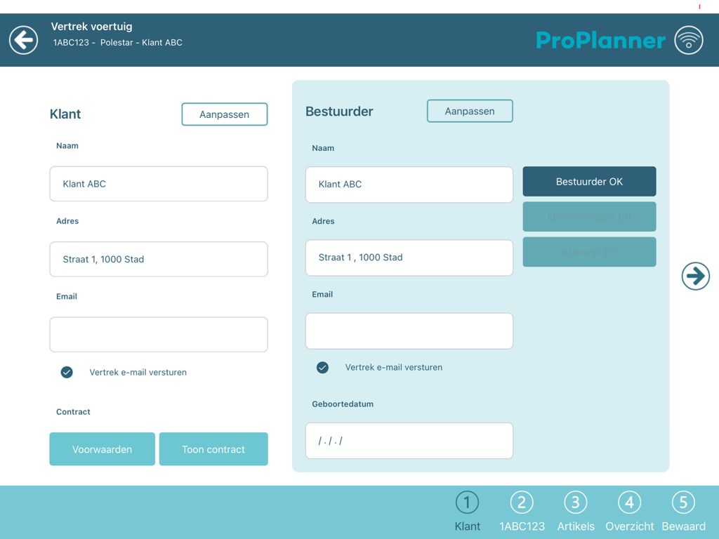 ProPlanner - Digital form in the ProPlanner app showing customer and driver details for vehicle rental departure