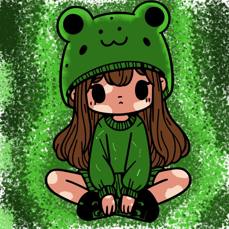 a girl wearing a frog hat and some frog socks