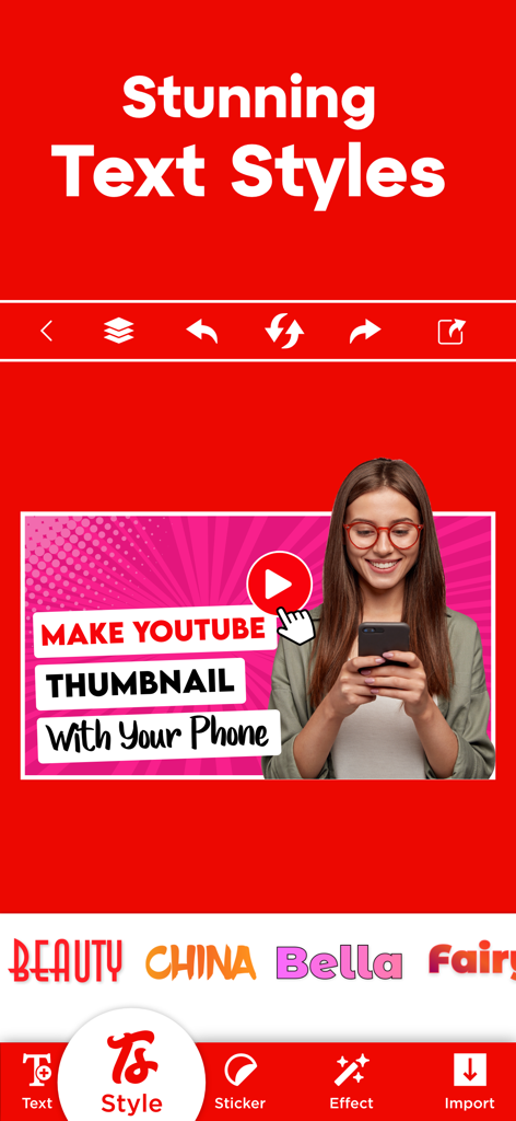 A mobile app interface showcasing various stunning text styles and fonts for creating professional YouTube thumbnails on a smartphone.