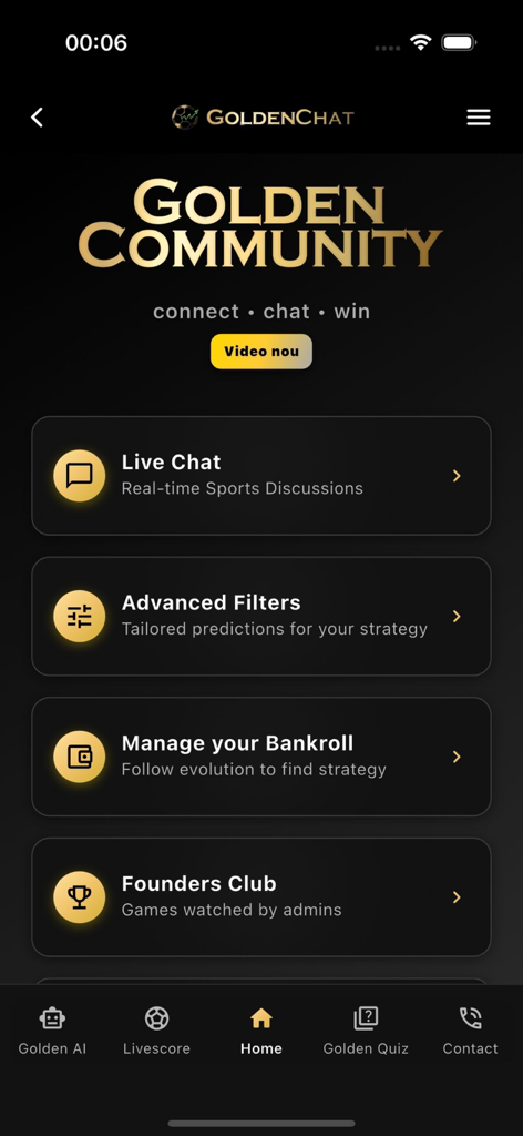 Golden Chat App - Écran d'accueil de Golden Chat App affichant des fonctionnalités de communauté sportive comme le chat en direct et les filtres avancés