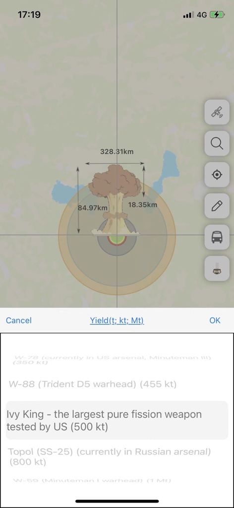 Nuke Simulator - Blast Map - A map interface showing the simulated blast radius and mushroom cloud of an Ivy King nuclear weapon
