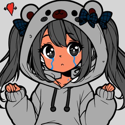 cute anime girl with ponytails and a cute bear hoodie