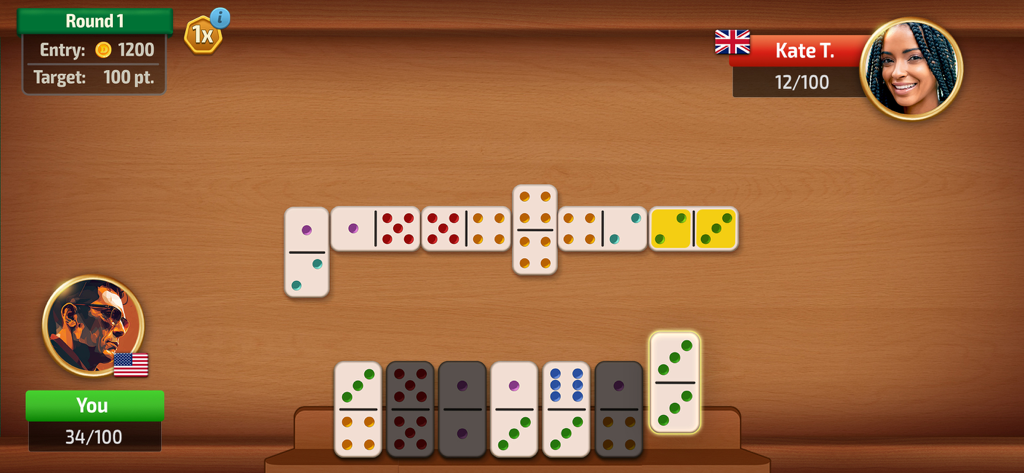 Gameplay of Domino Rivals showing an online multiplayer match on a wooden table.