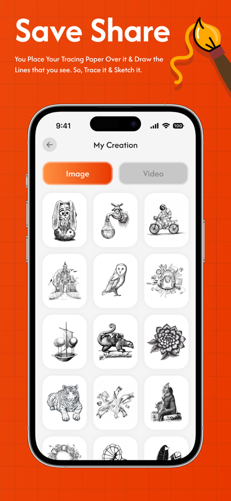AR Drawing Sketch - Draw Anime - The My Creation screen of the AR Drawing app displaying a grid of saved sketches