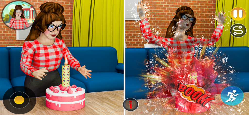 Scary Teacher 3D Evil Prank - A cartoonish teacher character being pranked with an exploding birthday cake in a 3D simulation game.