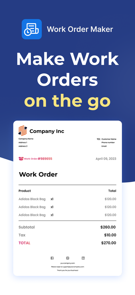 Mobile app interface showing a professional digital work order document