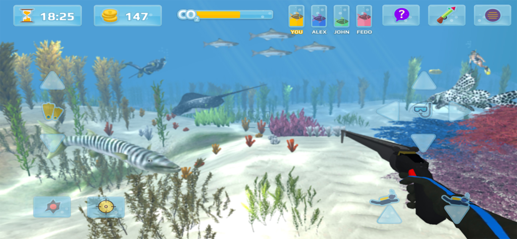 Hunter underwater spearfishing - First person view of underwater spearfishing with a harpoon gun and marine life