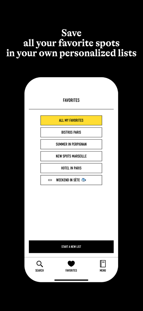 FOODING® - The favorites screen of the Fooding app showing personalized travel lists for France