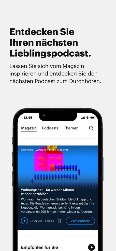 Deutschlandfunk - ドイツ語の新しいポッドキャストを発見するためのマガジンタブを表示するiPhone上のDeutschlandfunkアプリインターフェース