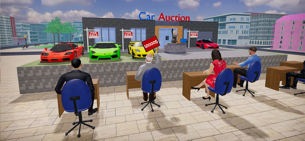 Luxury sports car auction scene in Used Car Dealership simulation game