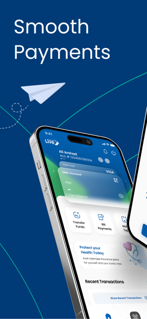 MCB Live - スマートフォンのMCB Liveモバイルバンキングアプリのインターフェースで、送金と請求書支払い機能が表示されている様子