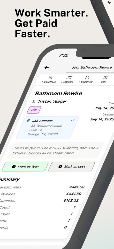 Plyer Electrician Field App - Pantalla de gestión de trabajos de la aplicación de campo para electricistas Plyer con estimaciones y facturas.