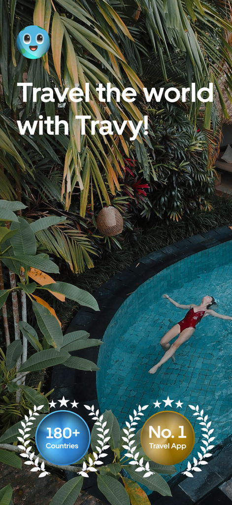 Travy travel app intro screen featuring a woman in a tropical pool