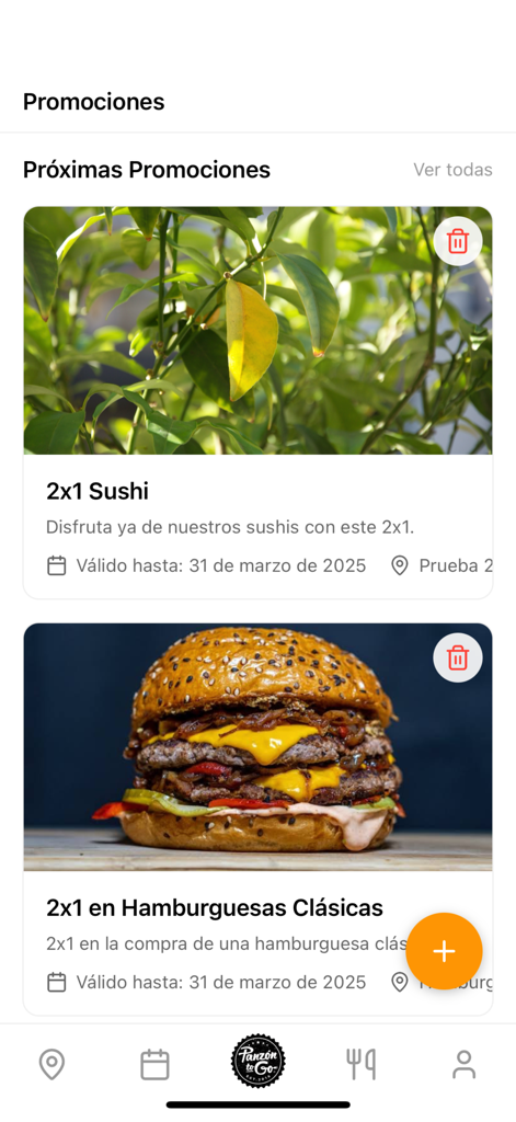 Panzon To Go - Pantalla de la aplicación Panzon To Go que muestra promociones de restaurantes, incluidas ofertas de compre uno y llévese otro para sushi y hamburguesas