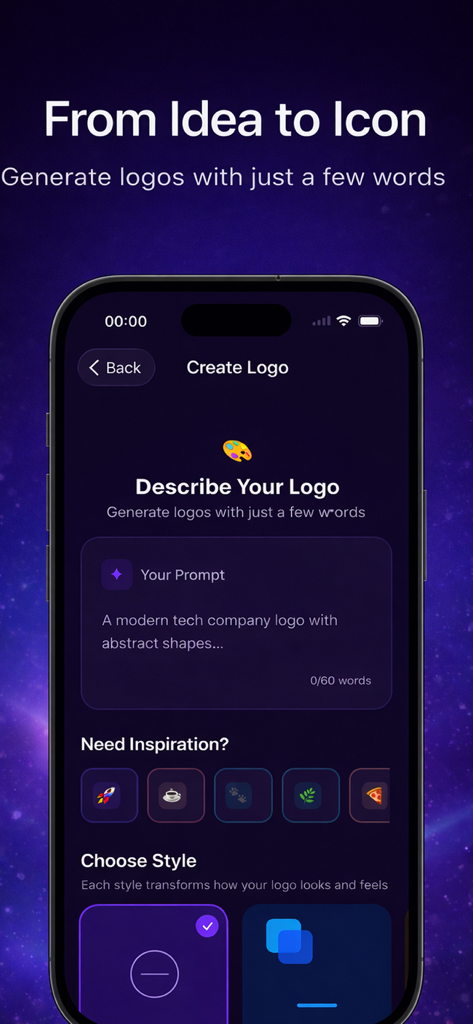 AI Logo Maker: Logo Design - A mobile app interface for AI Logo Maker showing a prompt input field to describe a logo design and select styles.