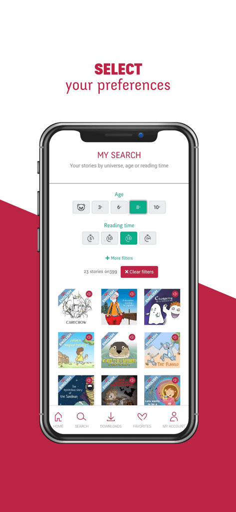Interface de l'application Whisperies montrant les filtres de recherche pour les histoires d'enfants par âge et temps de lecture