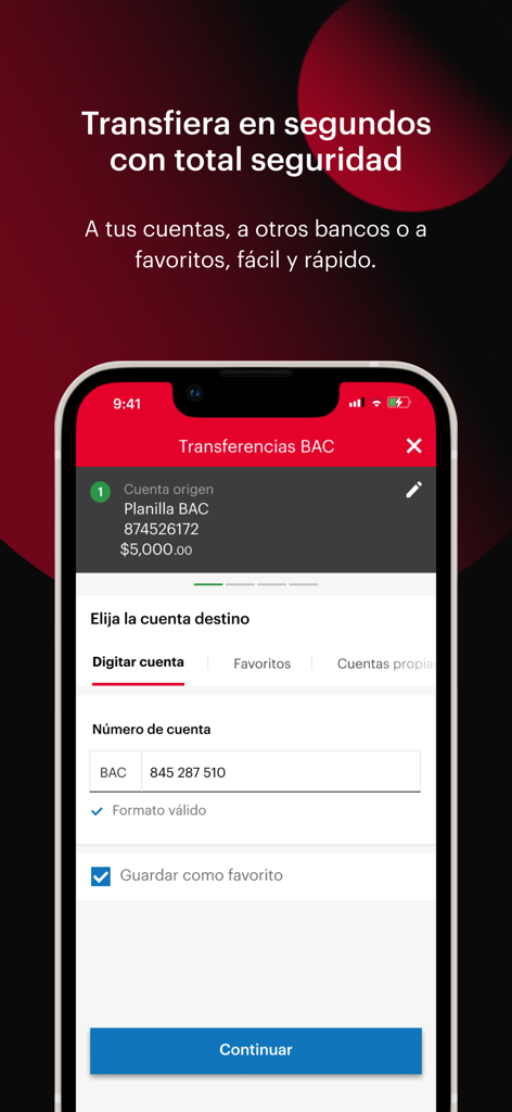 Interfaz de la aplicación móvil Banca Movil BAC que muestra la pantalla de transferencia de dinero en español