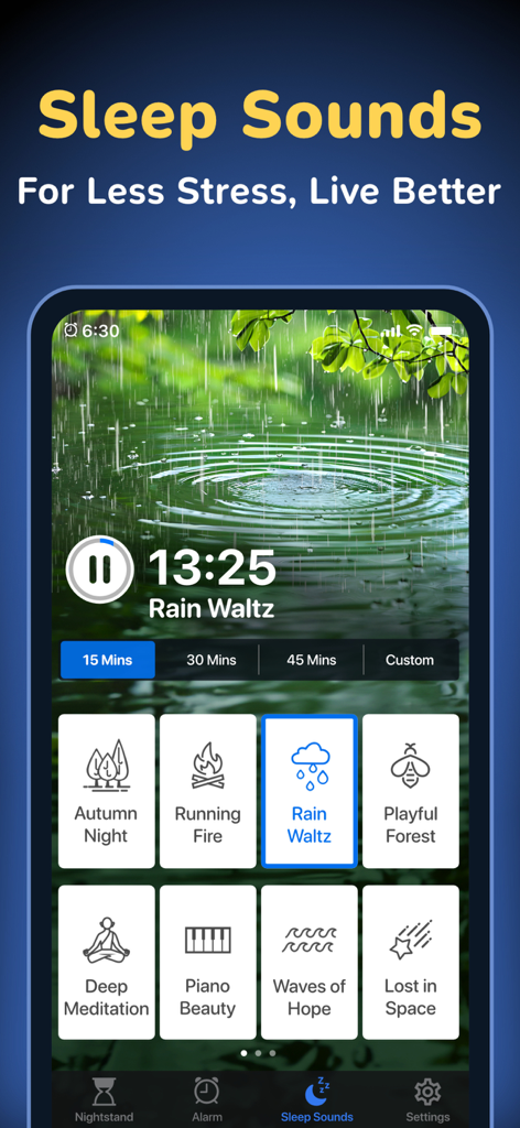 Alarm Clock ◎ - 目覚まし時計アプリのスリープサウンドインターフェース。雨や瞑想音楽のような様々なリラックスできるオーディオオプションが表示されている。
