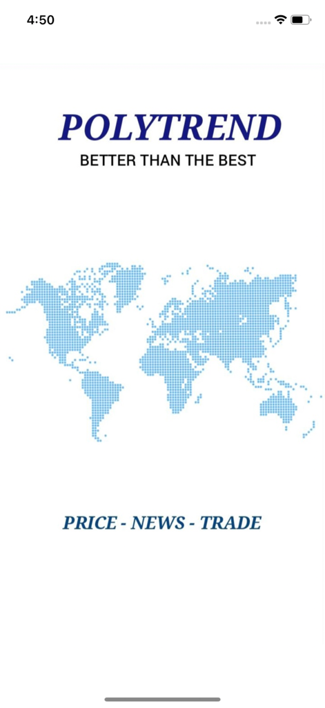 Polytrend app splash screen featuring a world map and business categories price news and trade