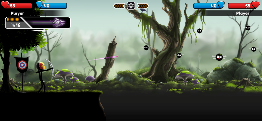 Archers Online: PvP - A stickman archer aiming a bow in a dark forest arena during a PvP duel
