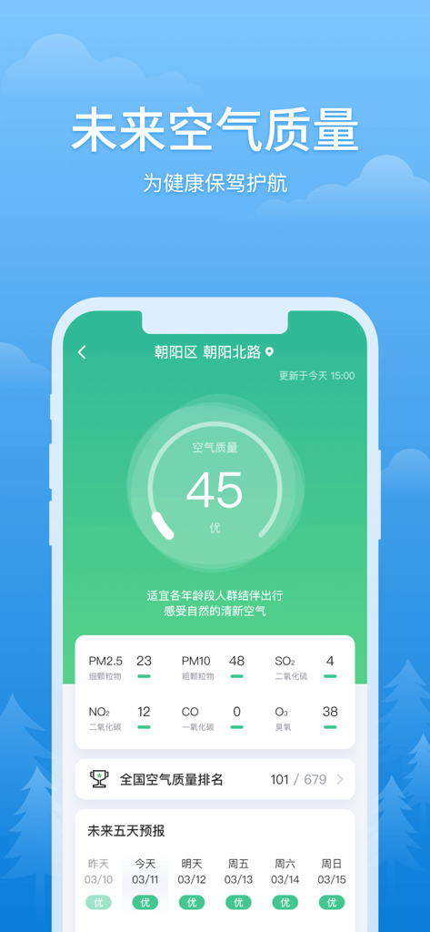 简单天气-实时与未来15天天气预报 - Simple Weather app interface displaying air quality index details and a five day air quality forecast