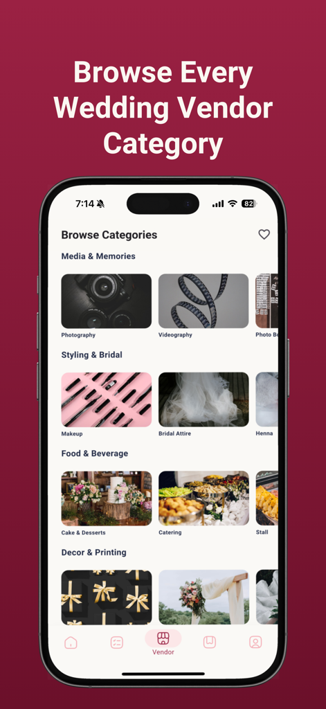 akad Planner - Mobile app screen showing various wedding vendor categories like photography, makeup, and catering in the akad Planner app.