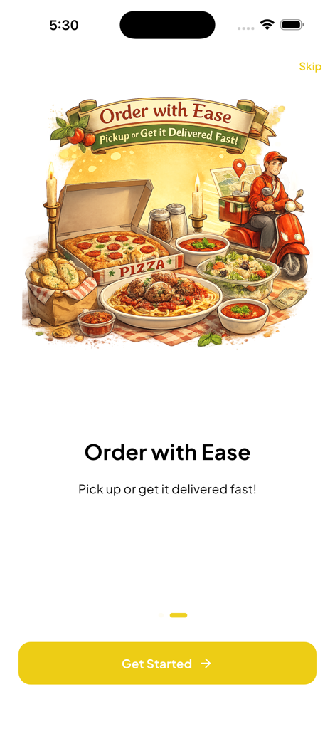 Pantalla de incorporación de la aplicación de pizza Phil and Sons con ilustraciones de pizza, pasta y un repartidor con el texto Pide con Facilidad