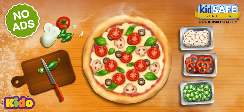 Pizza Games Baking for Kids - Una pizza digital con ingredientes como champiñones, tomates y albahaca en una interfaz de juego de cocina amigable para niños sin anuncios y con certificación segura para niños