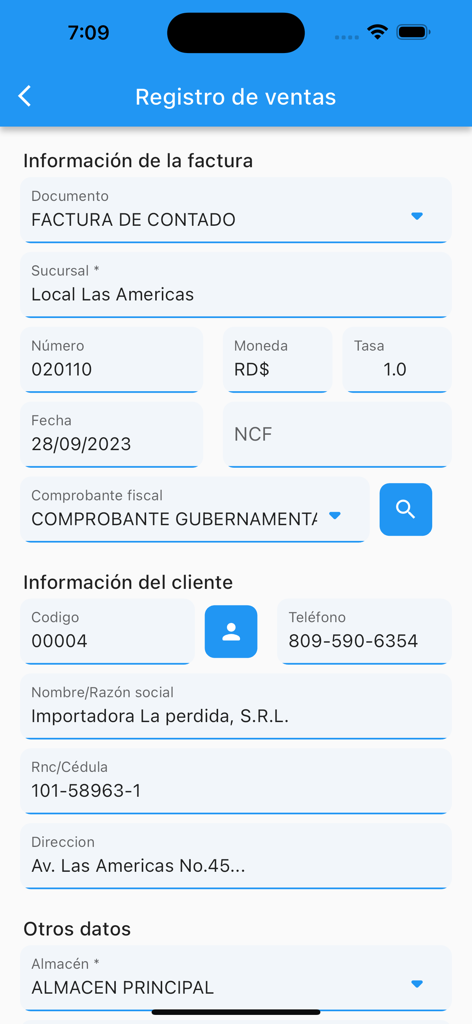 Watersoft Fact App - Watersoft Fact app sales registration screen featuring invoice and customer information fields in Spanish.