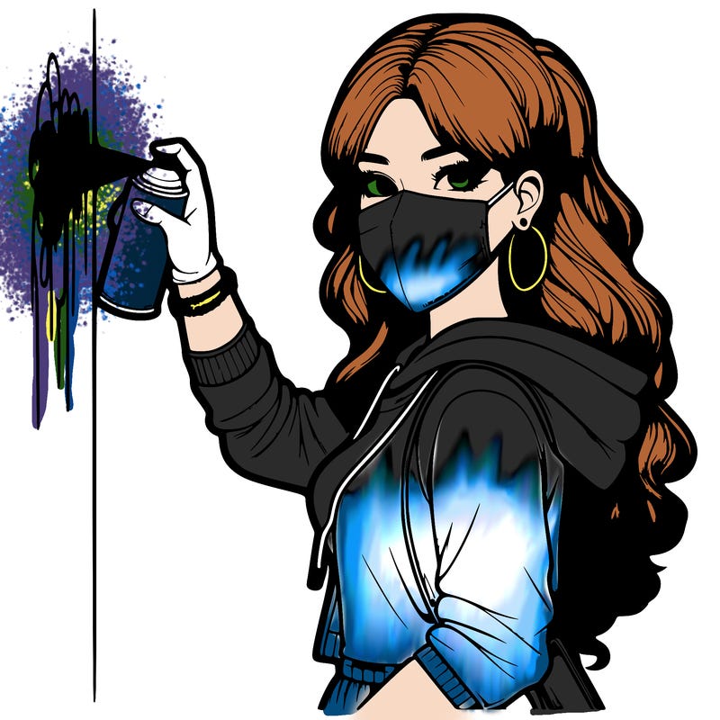 realistic girl with mask spray painting a wall