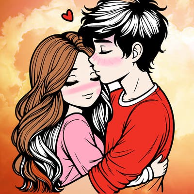 a realistic couple boy and girl hugging and kissing