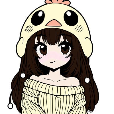anime girl with chick shaped hat with sweater with bare shoulders with bangs covering them one eye with low tail