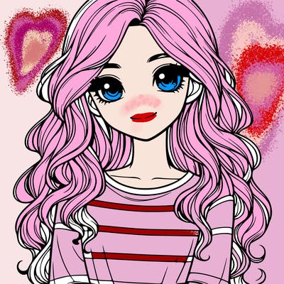 realistic girl with long, wavy hair and cute shirt