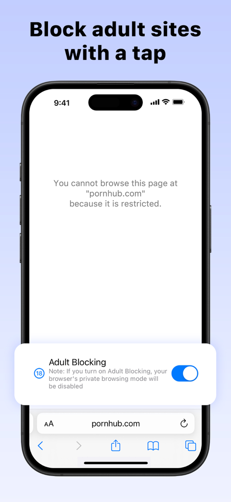 AppCrypt app interface showing adult website blocking feature on an iPhone