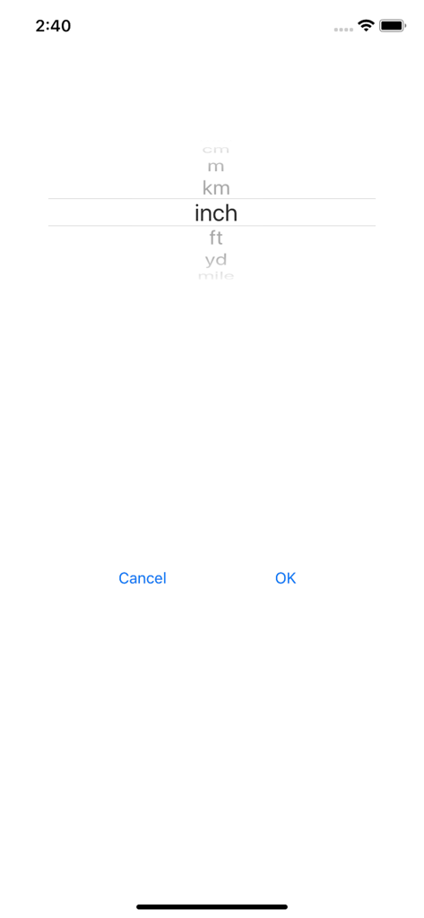 Eine mobile App-Oberfläche mit einem scrollbaren Rad zur Auswahl von Einheiten für Längenmessungen, einschließlich Zoll, Fuß und Meter