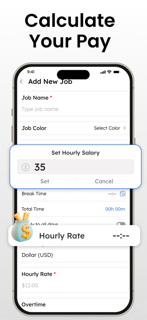 Uma interface móvel para definir um salário por hora dentro do aplicativo Rastreador de Horas de Trabalho