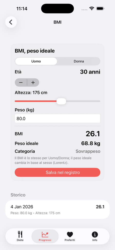 Dieta - Segreti Per Dimagrire - Interface of the Dieta app showing a BMI calculator and ideal weight estimation with user history