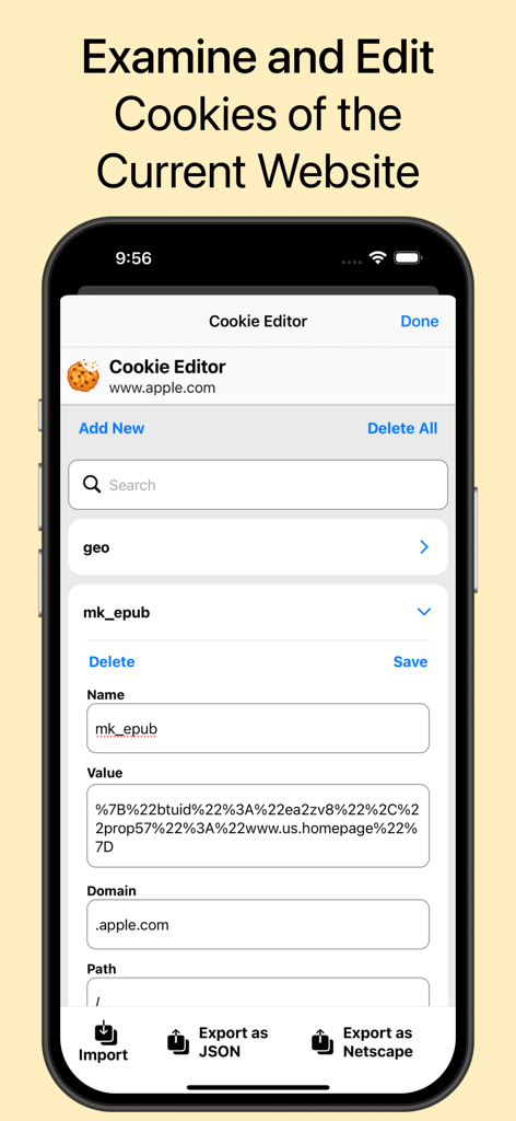 Cookie Editor For Safari - Interface of the Cookie Editor for Safari app on an iPhone showing options to examine and edit website cookies with JSON and Netscape export features