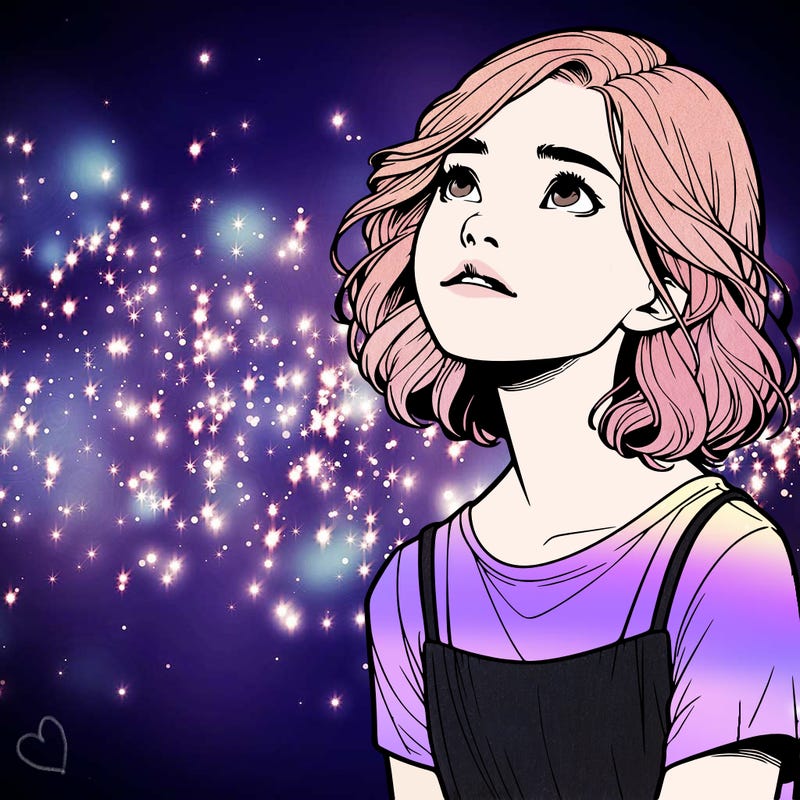 realistic girl looking up at the sky