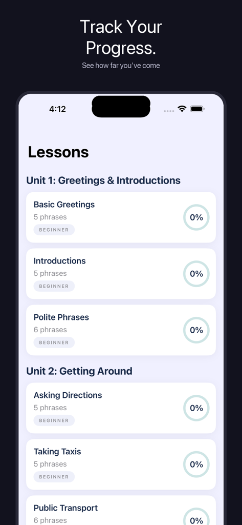Pronounce English App - A list of English language lessons including Greetings and Getting Around with progress trackers.