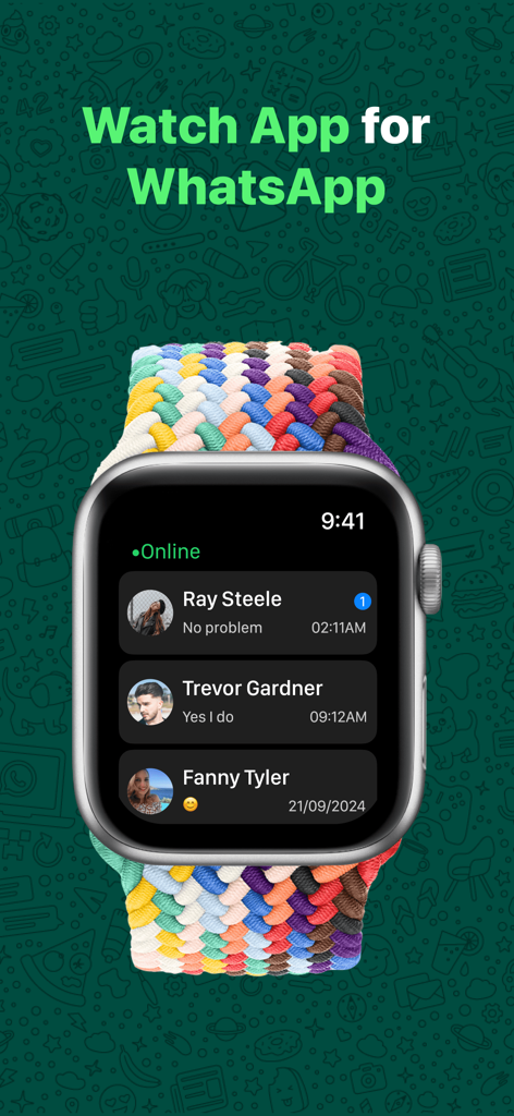 WatchsApp interface on an Apple Watch displaying a list of WhatsApp conversations