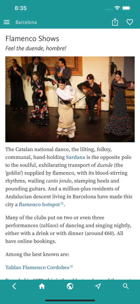 Barcelona Art & Culture - A page in the Barcelona Art and Culture app featuring a description and photograph of a live flamenco performance.