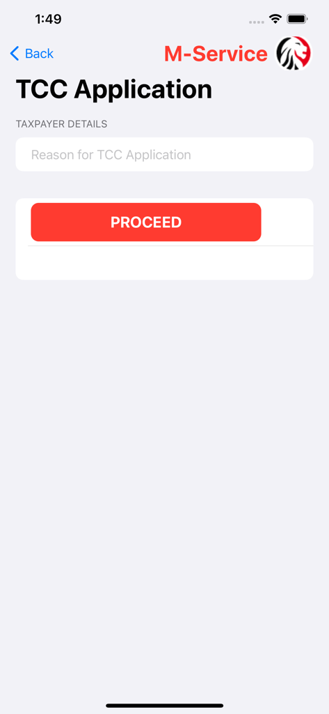 Écran de l'application KRA M-Service pour la demande de certificat de conformité fiscale