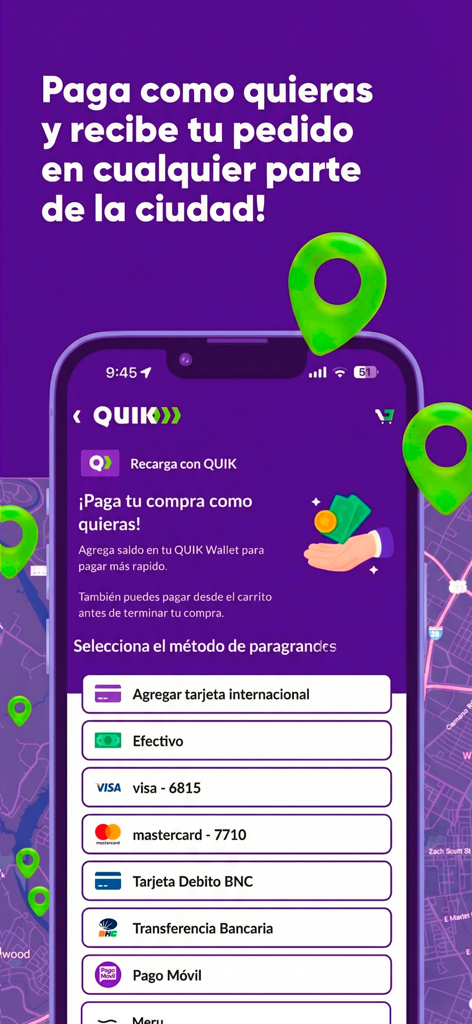 QUIK: Pago y Delivery - Pantalla de smartphone mostrando varios métodos de pago en la aplicación QUIK, incluyendo tarjetas de crédito internacionales y transferencias bancarias locales