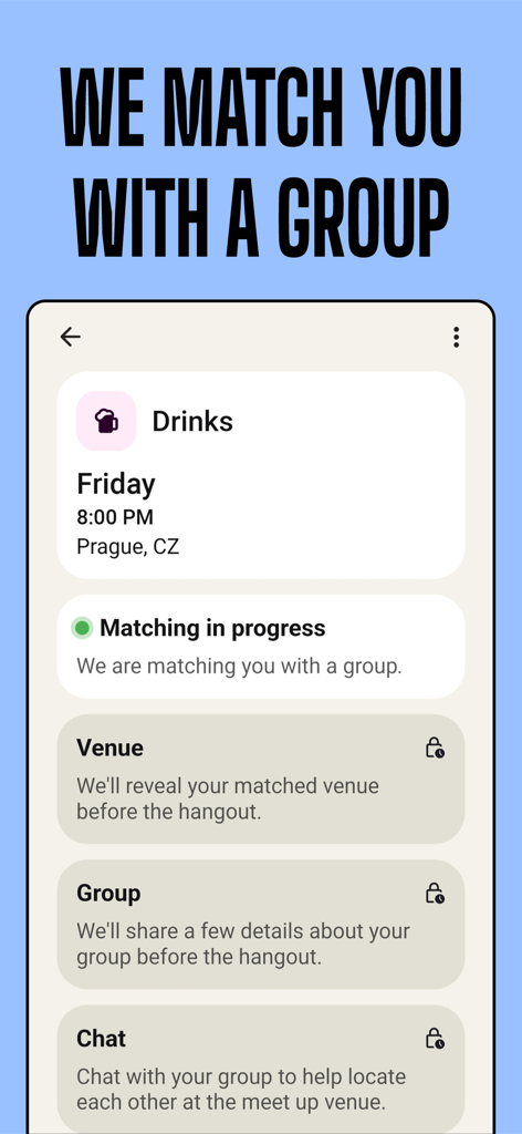 Let's Hang: Social Meetups - Captura de pantalla de la app Let's Hang mostrando el proceso de emparejamiento de un usuario con un grupo para un encuentro de copas.