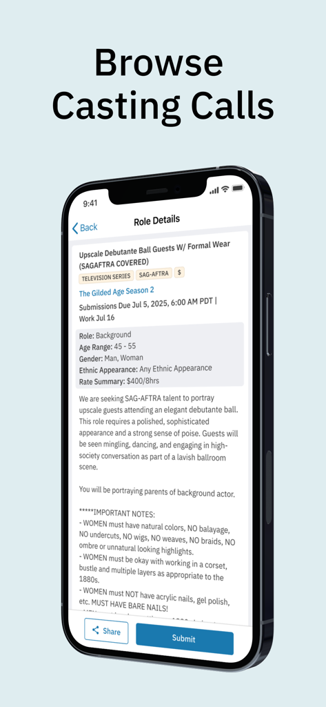 A smartphone screen displaying role details for a television series casting call on the Casting Networks mobile app