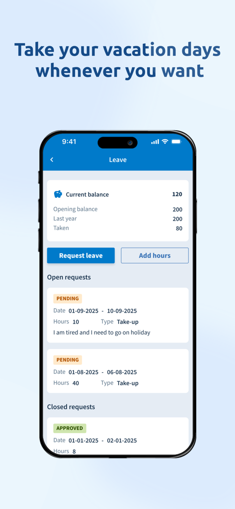 Interface do aplicativo móvel mostrando o saldo de férias do funcionário e o status da solicitação de férias